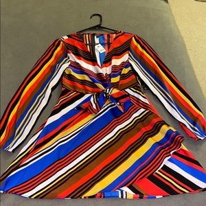 Striped knotted V-neck elastic waist dress!